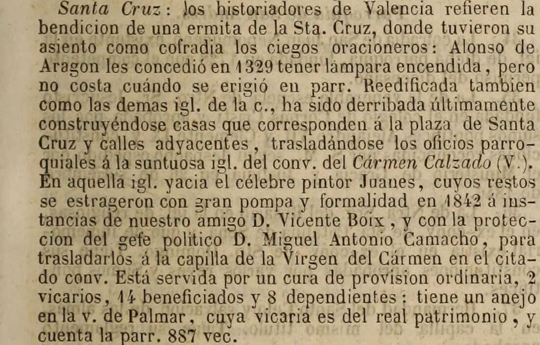 Een fragment van een gedrukte pagina uit een 19e-eeuws Spaans geografisch woordenboek: de vermelding van de parochie Santa Cruz, in één kolom.