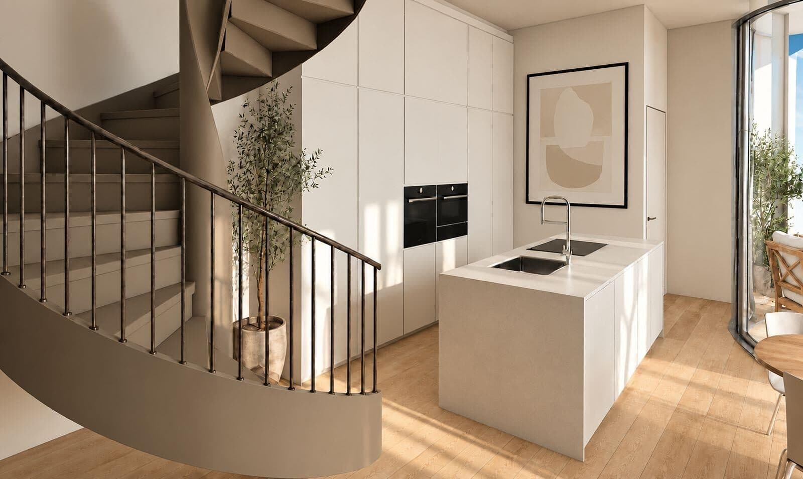 Woonkamer en keuken van de onderste duplex