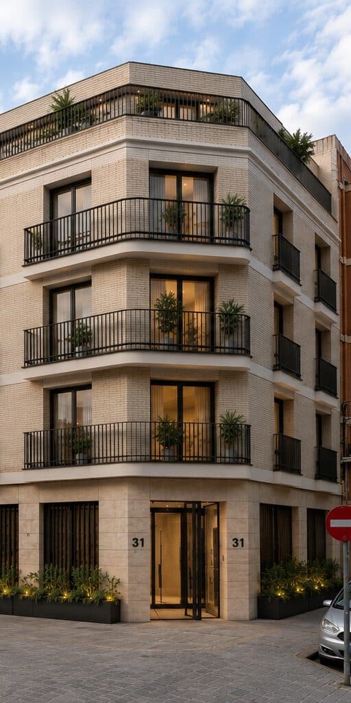 Render van het gebouw vanaf de straat: een stenen begane grond met de entree op de hoek, drie lagen in lichte baksteen met zwarte balkonhekken, en een teruggelegde bovenste laag met beplanting op het dak.