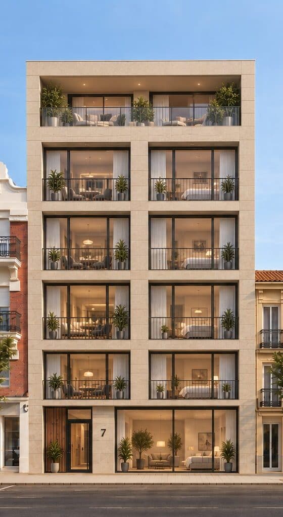 Indicatieve render van de gevel: een lichte stenen gevel met twee brede ramen per verdieping en zwarte hekken, een terras met planten op de bovenste verdieping, en op de begane grond de entree met het nummer 7 en een grote glazen pui, tussen twee oudere panden.