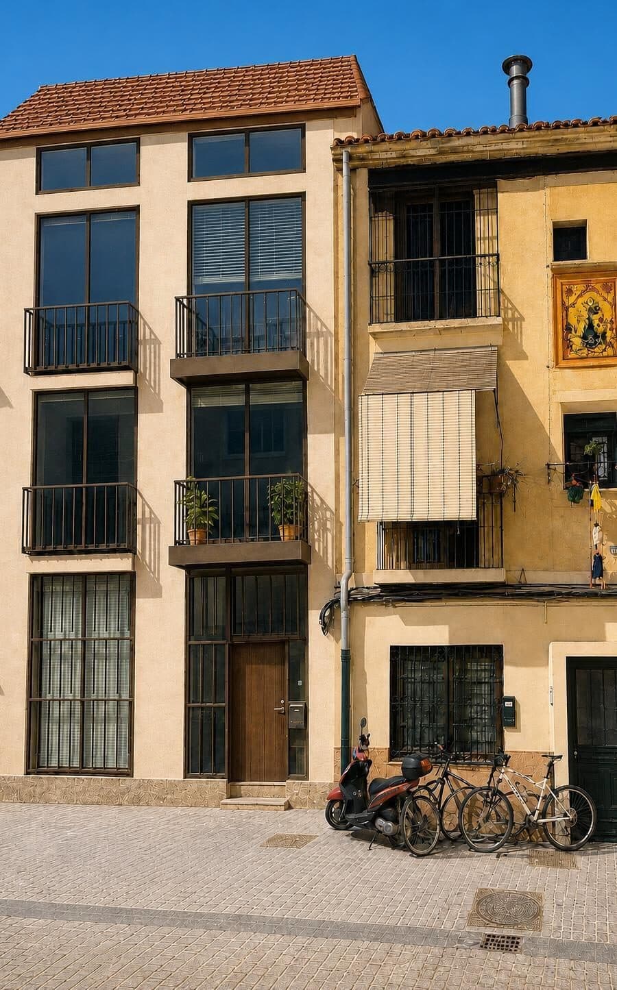 Render van het gebouw vanaf de straat: een lichte gevel van vier lagen met hoge donkere kozijnen, zwarte balkonhekken en een houten voordeur, naast een ouder okerkleurig pand.