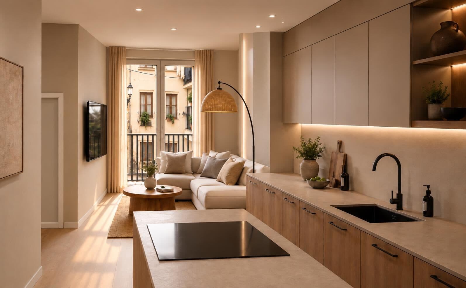 Keuken en woonkamer van de bovenste duplex