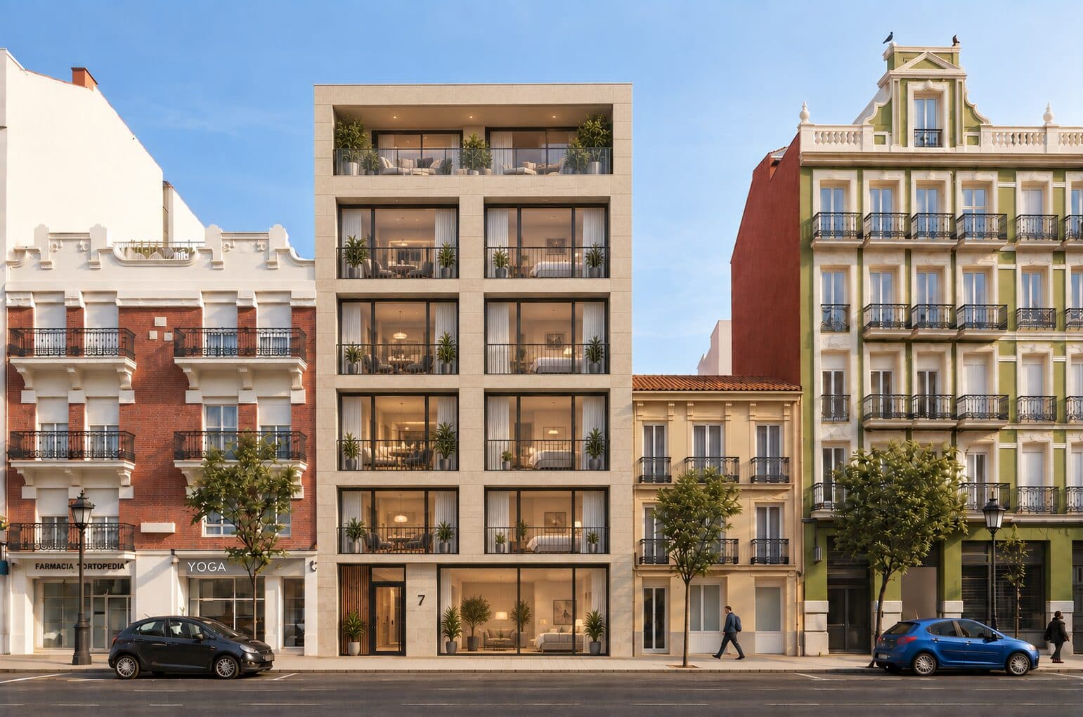 Indicatieve render van de gevel: een lichte stenen gevel met twee brede ramen per verdieping en zwarte hekken, een terras met planten op de bovenste verdieping, en op de begane grond de entree met het nummer 7 en een grote glazen pui, tussen twee oudere panden.