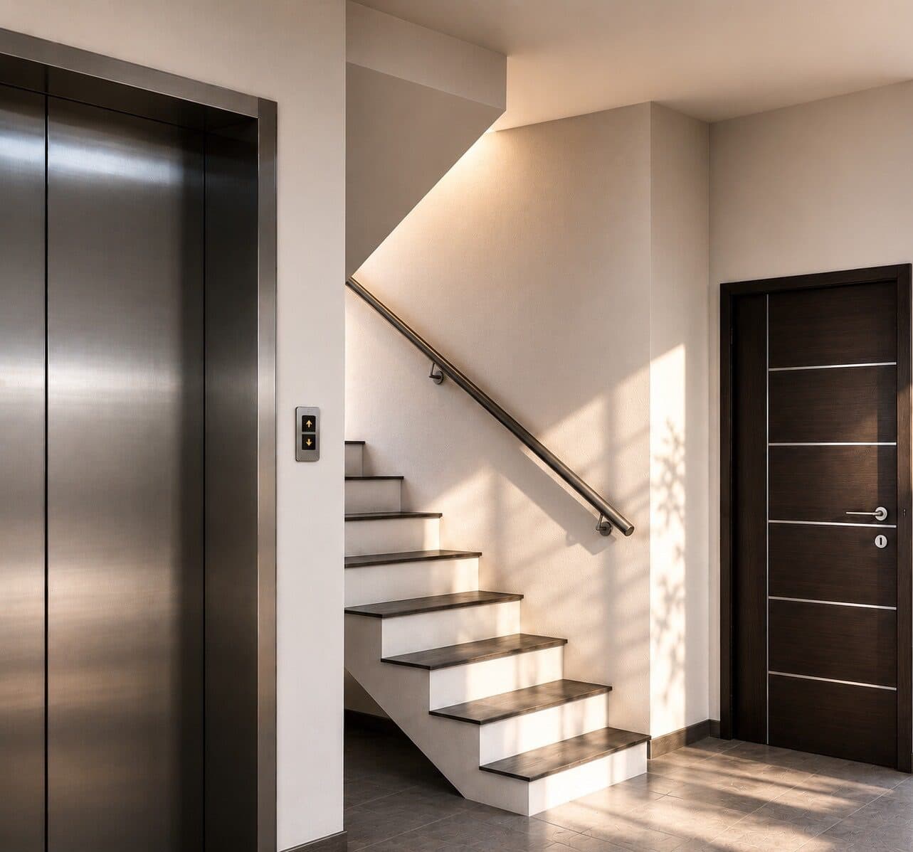 Entree van het gebouw: lift, trap en de deur naar de woningen.