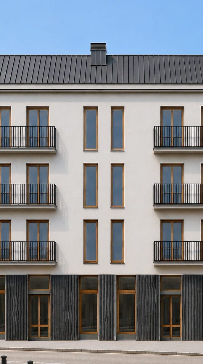 Het gebouw overdag: vier lagen met houten kozijnen, smeedijzeren balkons en een begane grond met donkere houten latten.