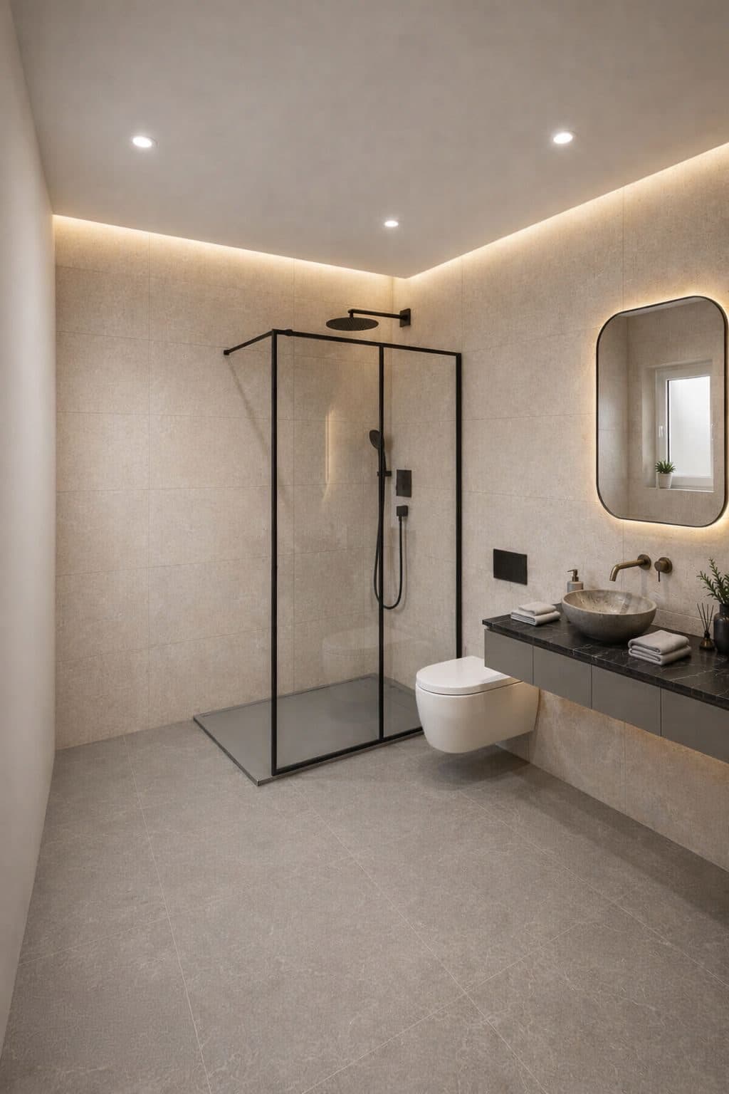 Woning links: badkamer met inloopdouche, een zwart omlijste wand, hangend toilet en een opzetwastafel.