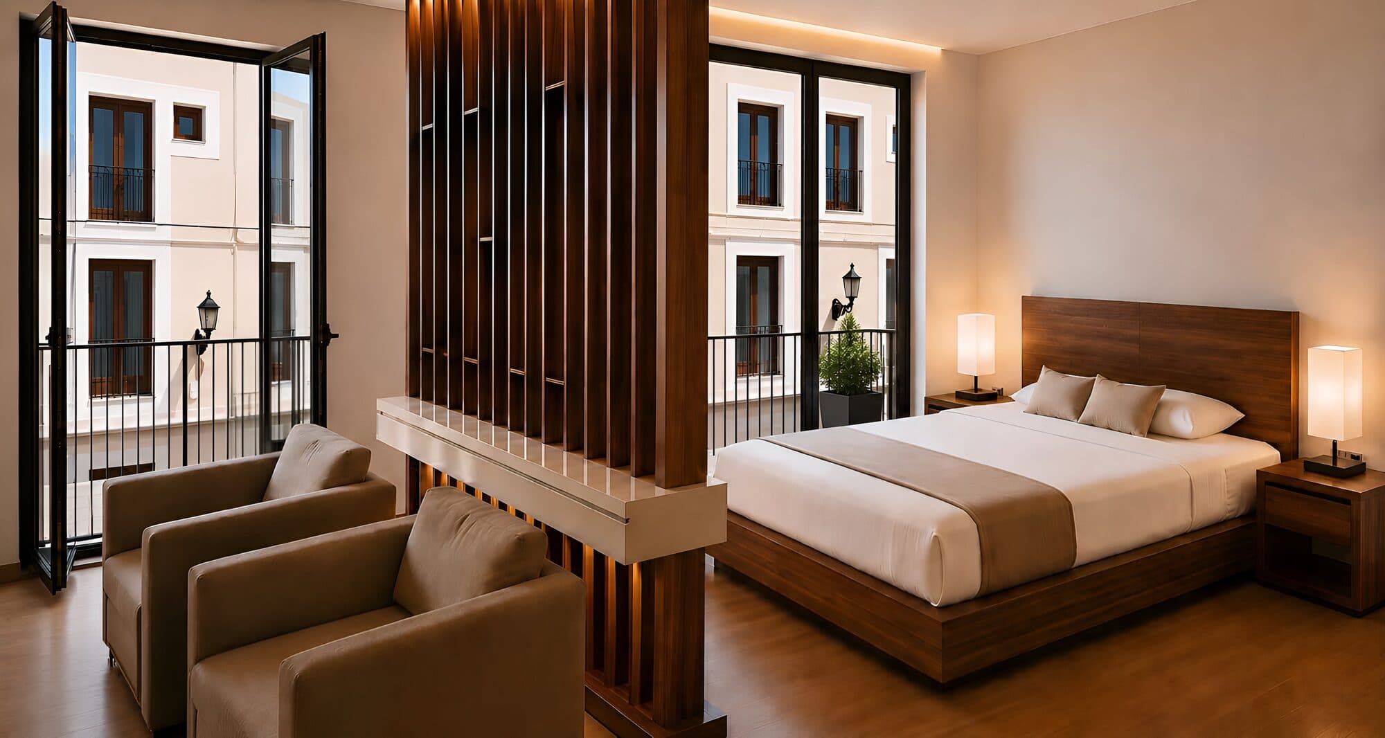 Woning links: het slaapgedeelte vanaf de andere kant, met twee fauteuils en de deur naar het balkon.