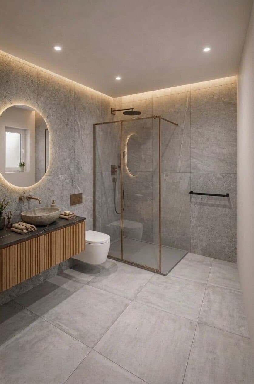 Woning rechts: badkamer met douche, een ronde verlichte spiegel en een houten meubel met opzetwastafel.