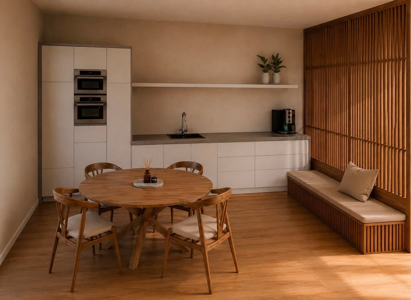 Woning rechts: het keukenblok met inbouwovens, een stenen werkblad en een ronde tafel naast de bank.