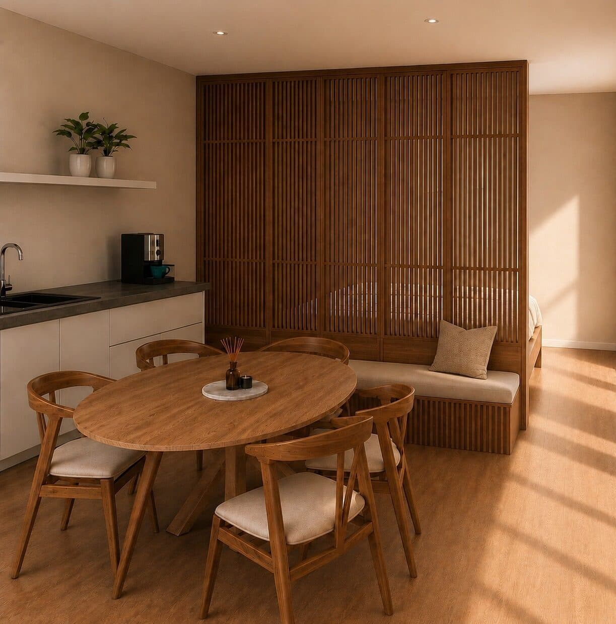 Woning rechts: eethoek en keuken, met de ovalen tafel, de vaste bank en de houten lattenwand voor het slaapgedeelte.
