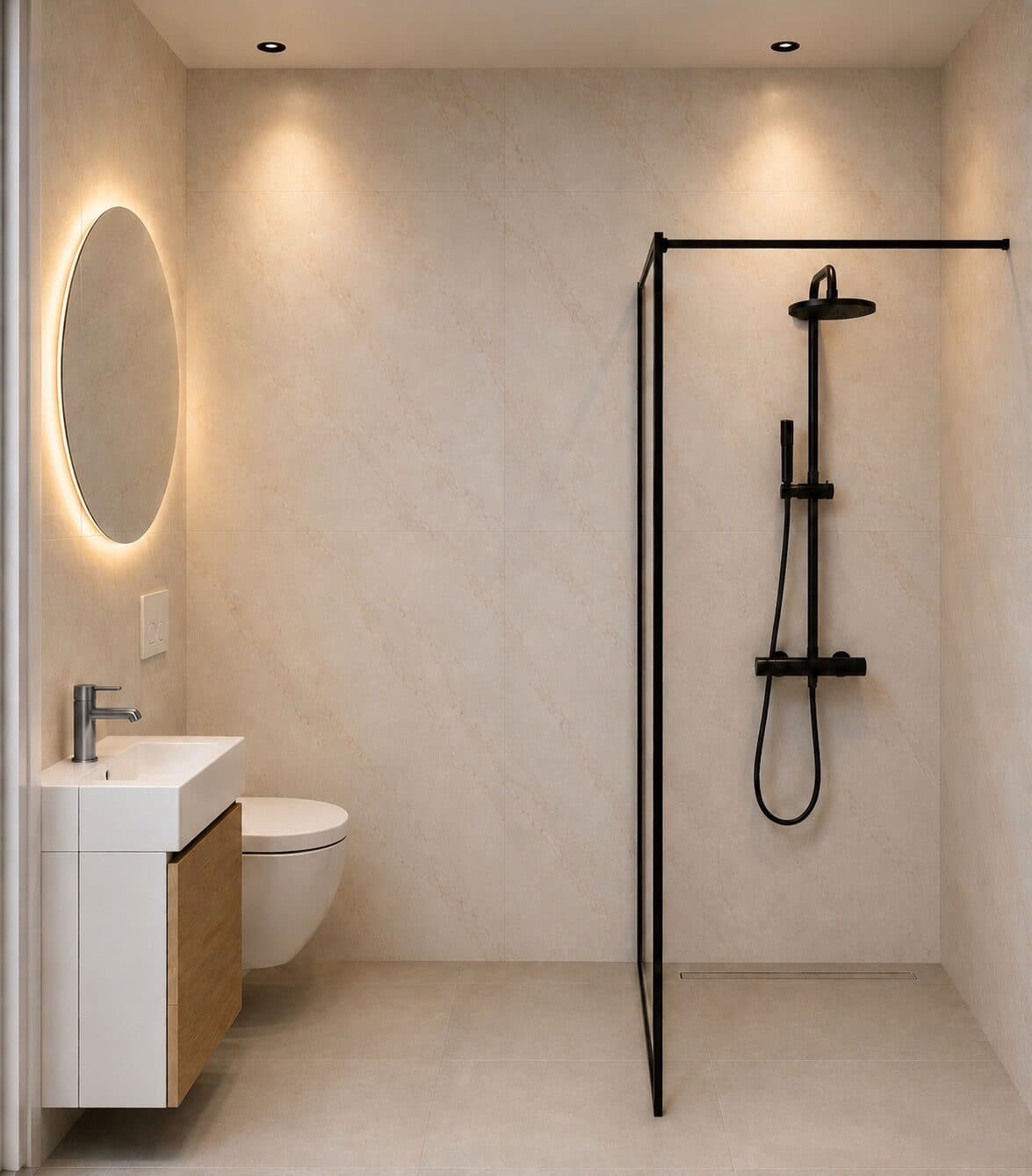 Eerste badkamer: inloopdouche met zwart frame, hangend toilet en een wastafelmeubel in eiken.