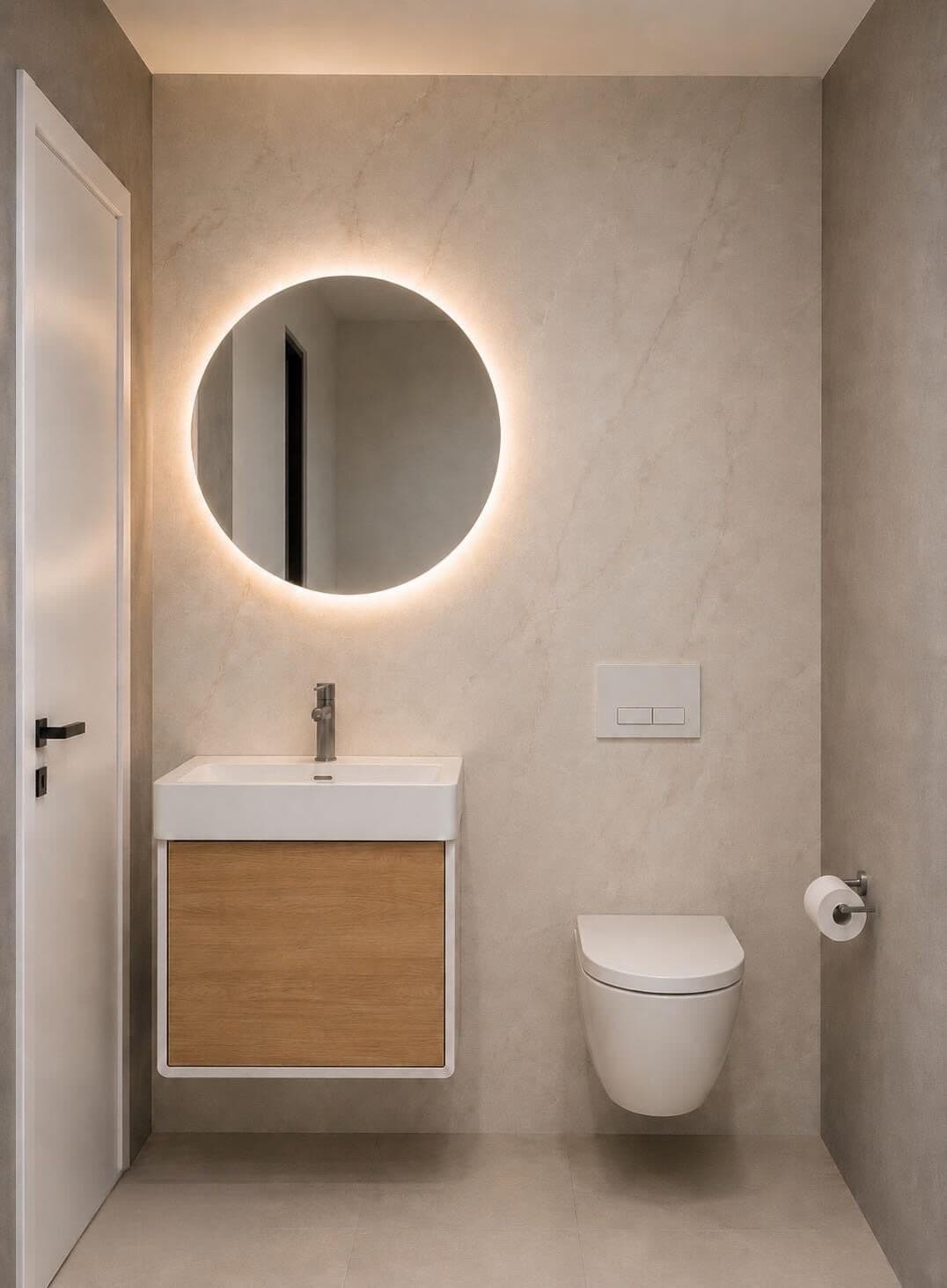 Dezelfde badkamer vanaf de deur, met de ronde spiegel met achtergrondverlichting boven de wastafel.