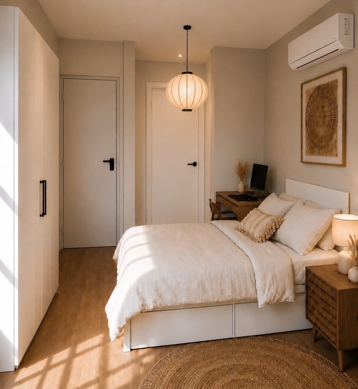 Slaapkamer met tweepersoonsbed, ingebouwde kast, een bureau bij het raam en airconditioning.