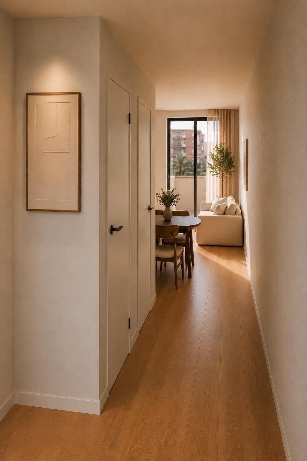 De gang, met twee deuren en aan het eind de woonkamer en het balkon.