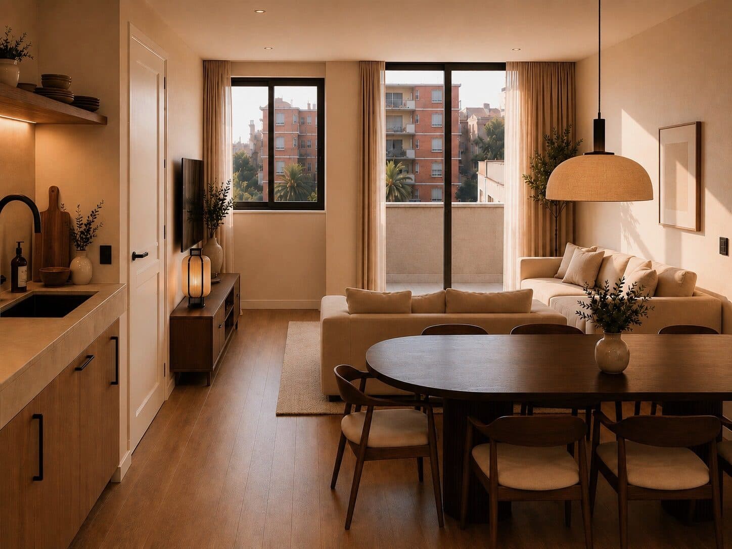 Woonkamer en eethoek, met de keuken links, de eettafel en de schuifpui naar het balkon met uitzicht op de straat.